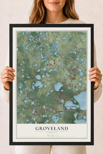 Groveland, Florida map print, 18" x 24" W/ Black Ayous Wood Frame mockup