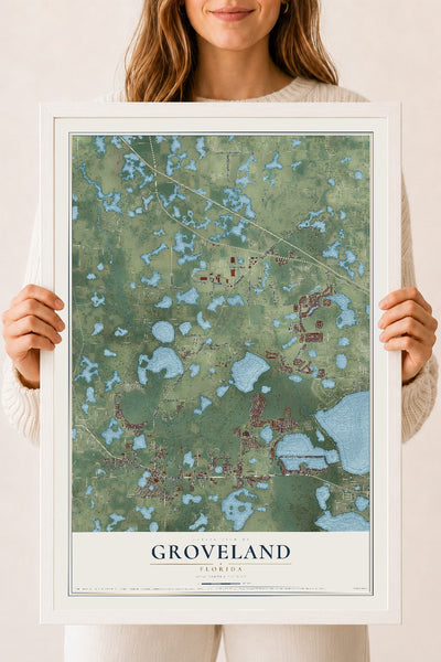 Groveland, Florida map print, 18" x 24" W/ White Ayous Wood Frame mockup