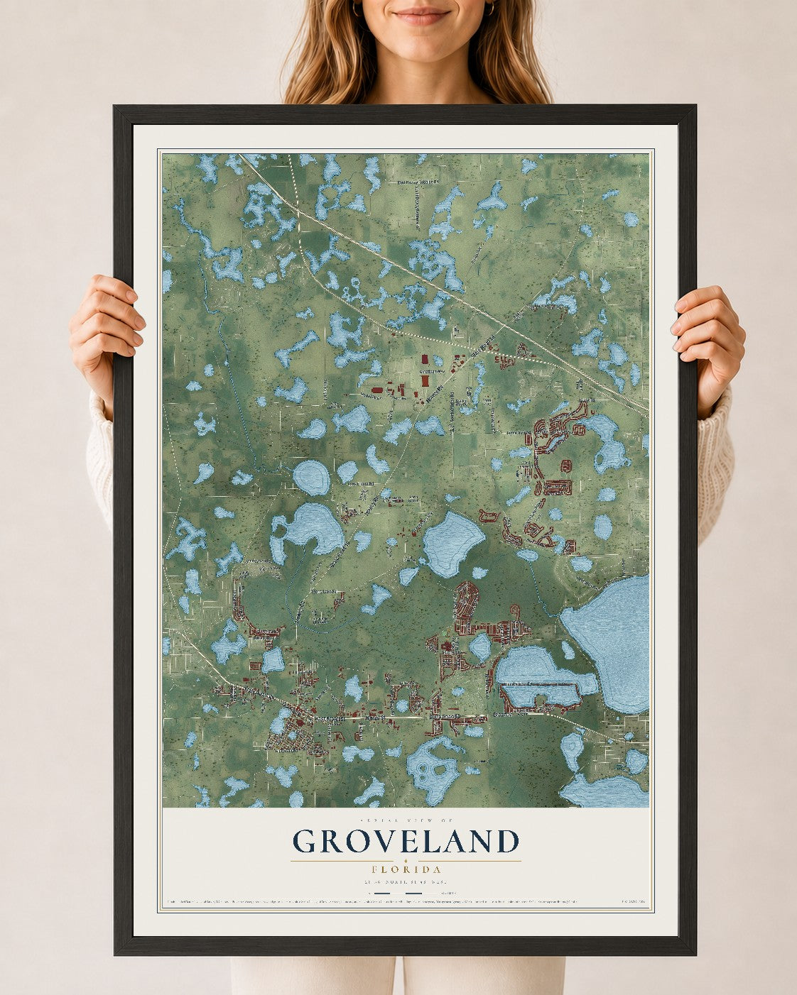 Groveland, Florida map print, 24" x 36" W/ Black Ayous Wood Frame mockup