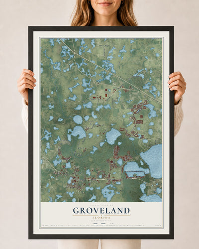 Groveland, Florida map print, 24" x 36" W/ Black Ayous Wood Frame mockup