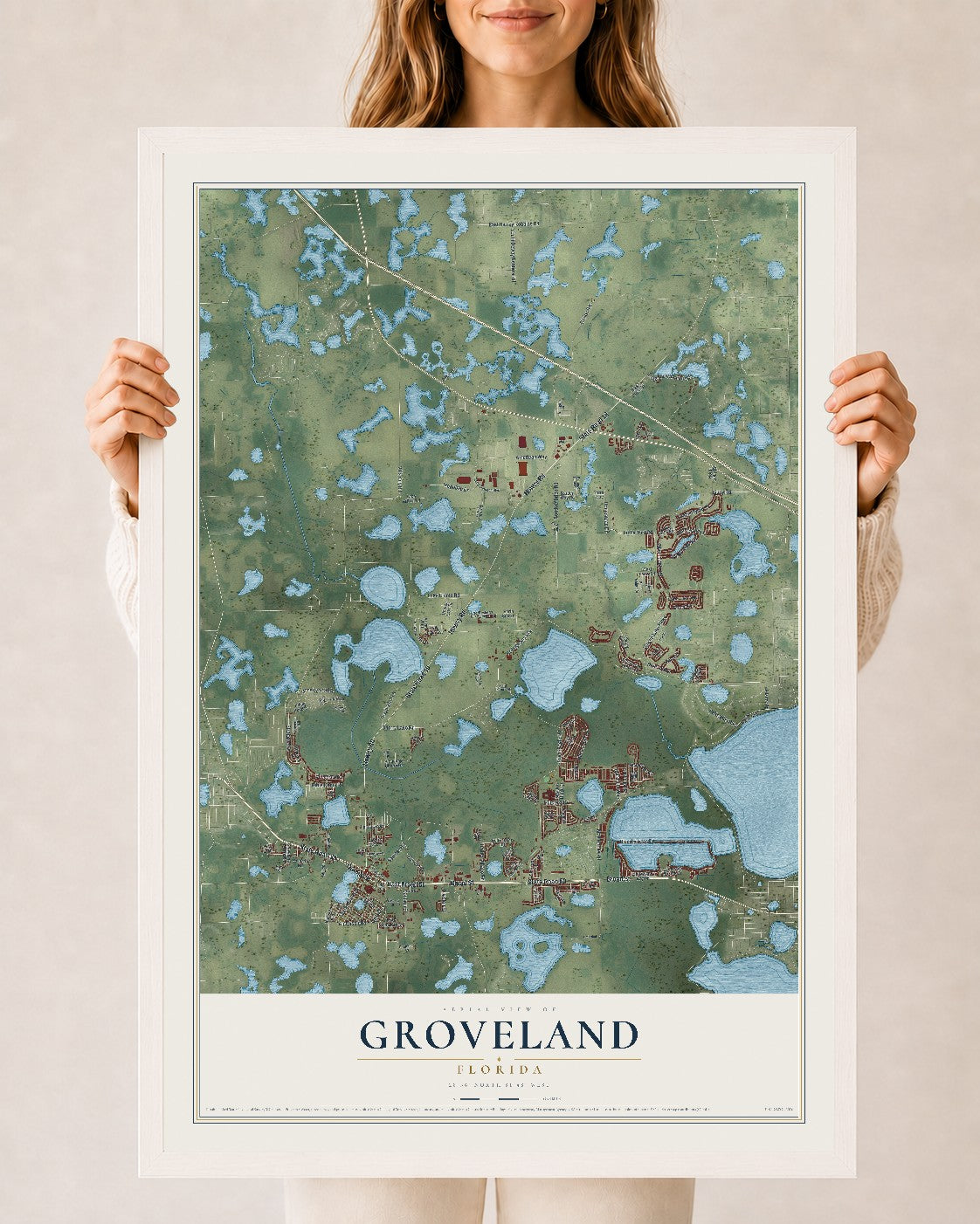 Groveland, Florida map print, 24" x 36" W/ White Ayous Wood Frame mockup