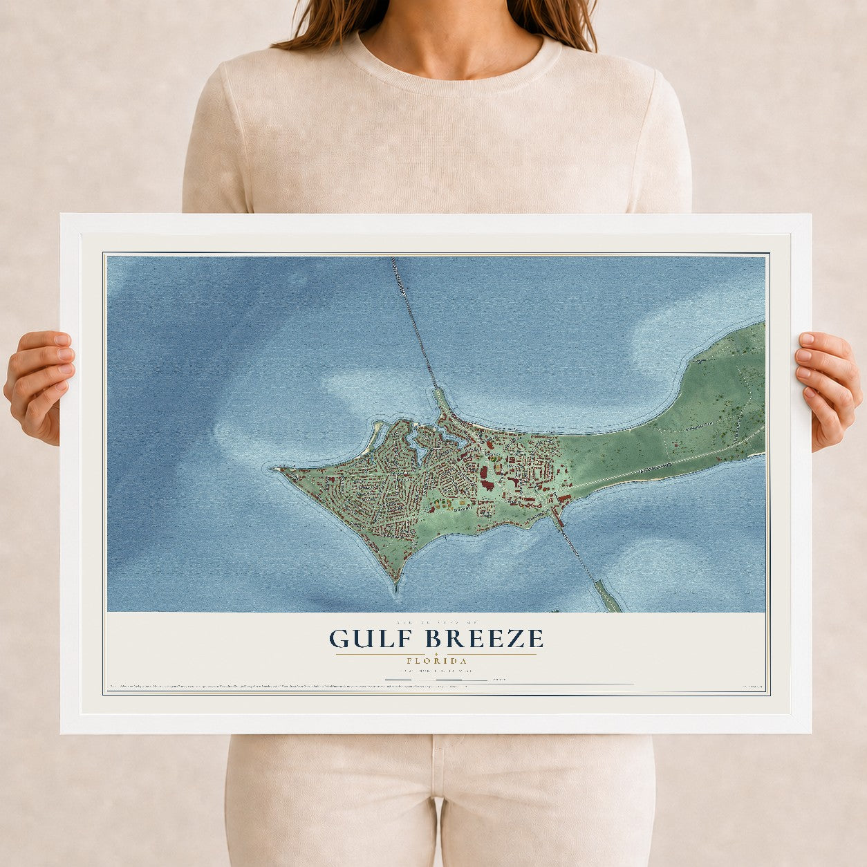 Gulf Breeze, Florida map print, 12" x 18" W/ White Ayous Wood Frame mockup