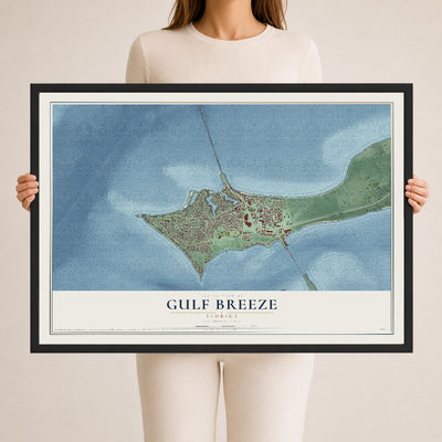 Gulf Breeze, Florida map print, 24" x 36" W/ Black Ayous Wood Frame mockup
