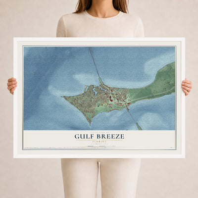 Gulf Breeze, Florida map print, 24" x 36" W/ White Ayous Wood Frame mockup