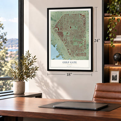Gulf Gate, Florida map, 18 x 24 inch print in a black frame in a home office
