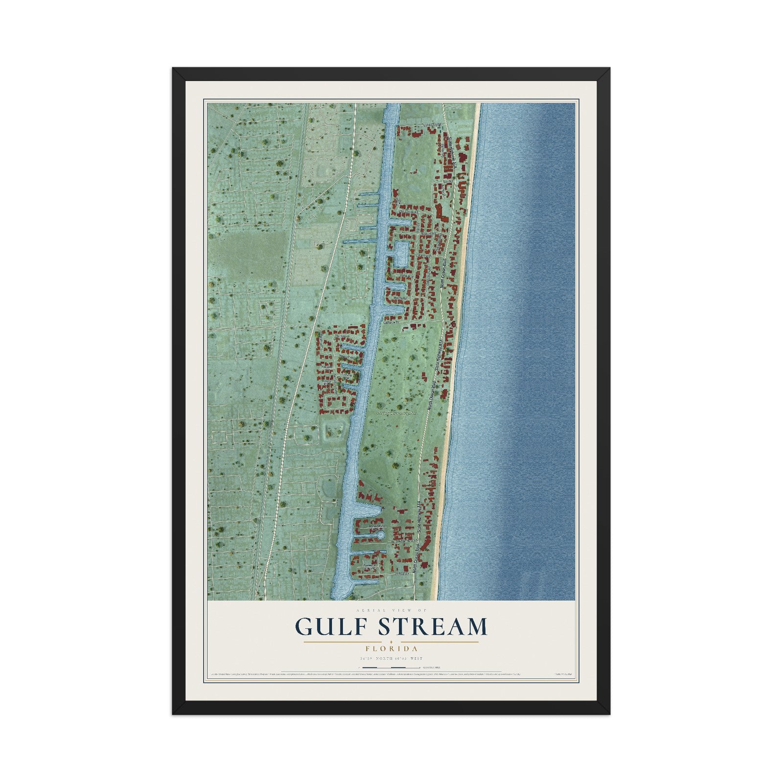 Gulf Stream, Florida map print, 12" x 18" W/ Black Ayous Wood Frame mockup