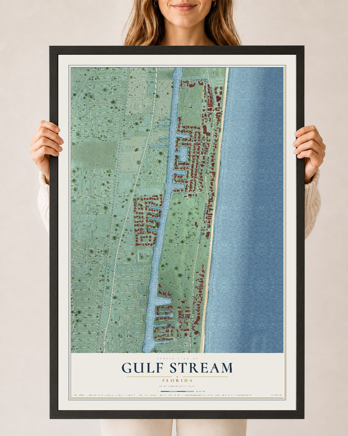 Gulf Stream, Florida map print, 24" x 36" W/ Black Ayous Wood Frame mockup