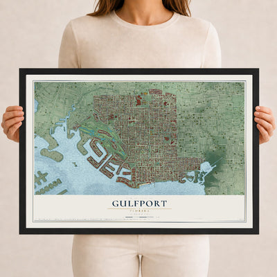 Gulfport, Florida map print, 12" x 18" W/ Black Ayous Wood Frame mockup