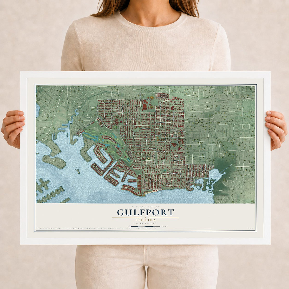 Gulfport, Florida map print, 12" x 18" W/ White Ayous Wood Frame mockup