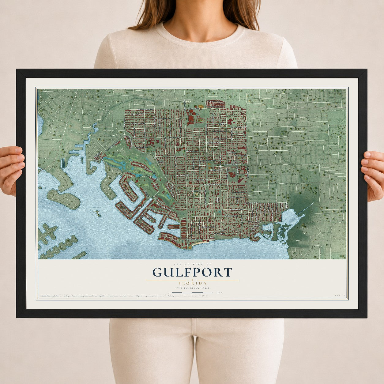 Gulfport, Florida map print, 18" x 24" W/ Black Ayous Wood Frame mockup