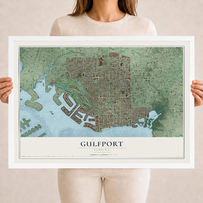 Gulfport, Florida map print, 18" x 24" W/ White Ayous Wood Frame mockup