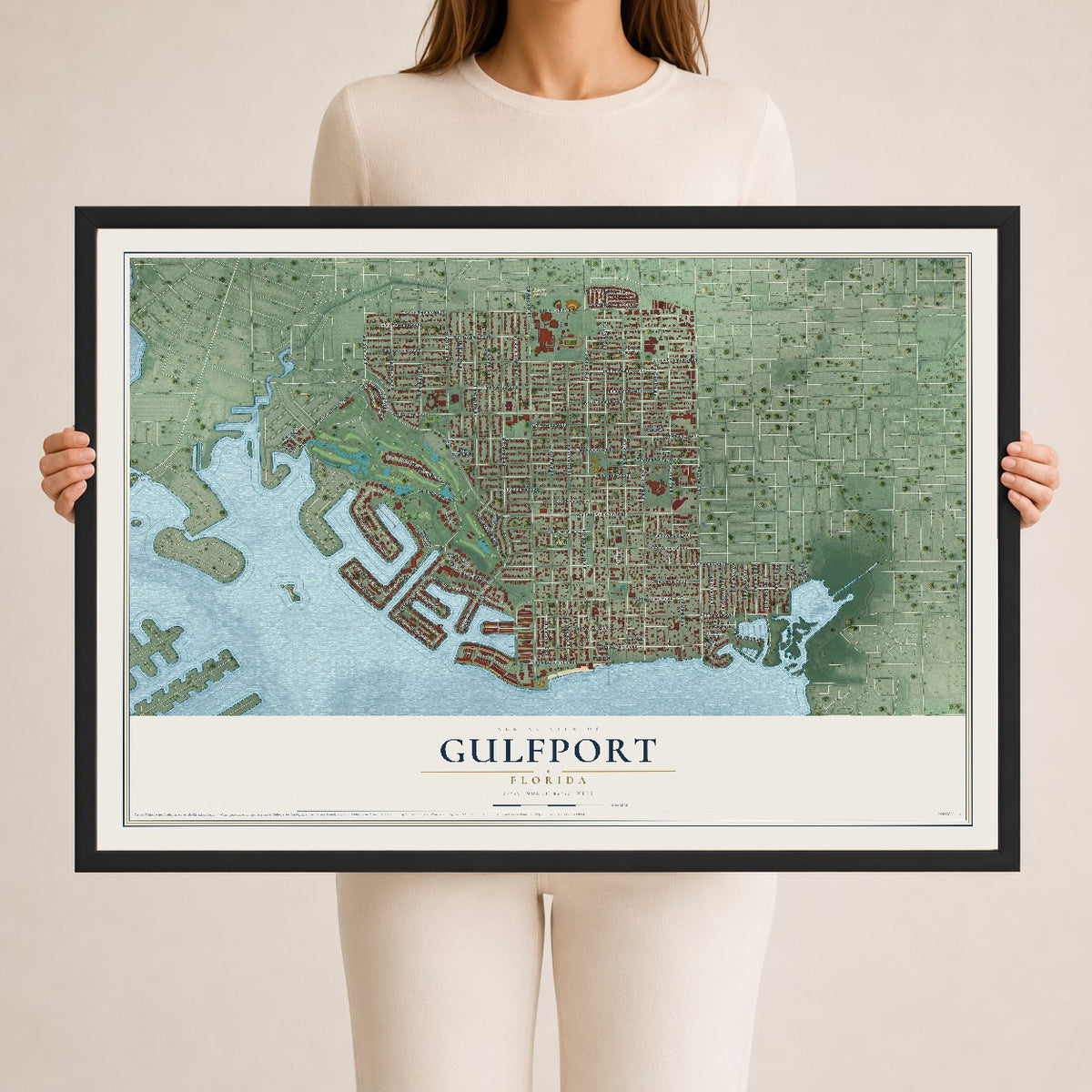 Gulfport, Florida map print, 24" x 36" W/ Black Ayous Wood Frame mockup
