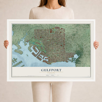 Gulfport, Florida map print, 24" x 36" W/ White Ayous Wood Frame mockup