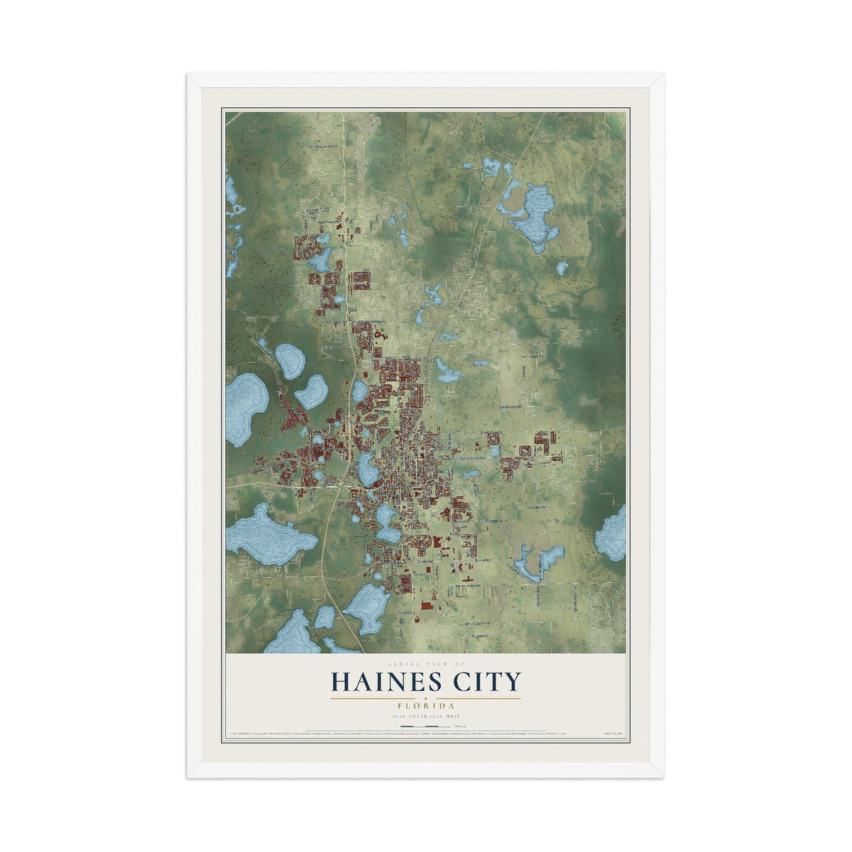 Haines City, Florida map print, 12" x 18" W/ White Ayous Wood Frame mockup