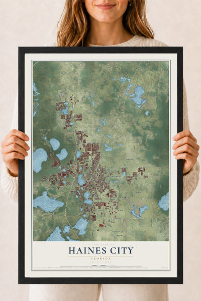 Haines City, Florida map print, 18" x 24" W/ Black Ayous Wood Frame mockup