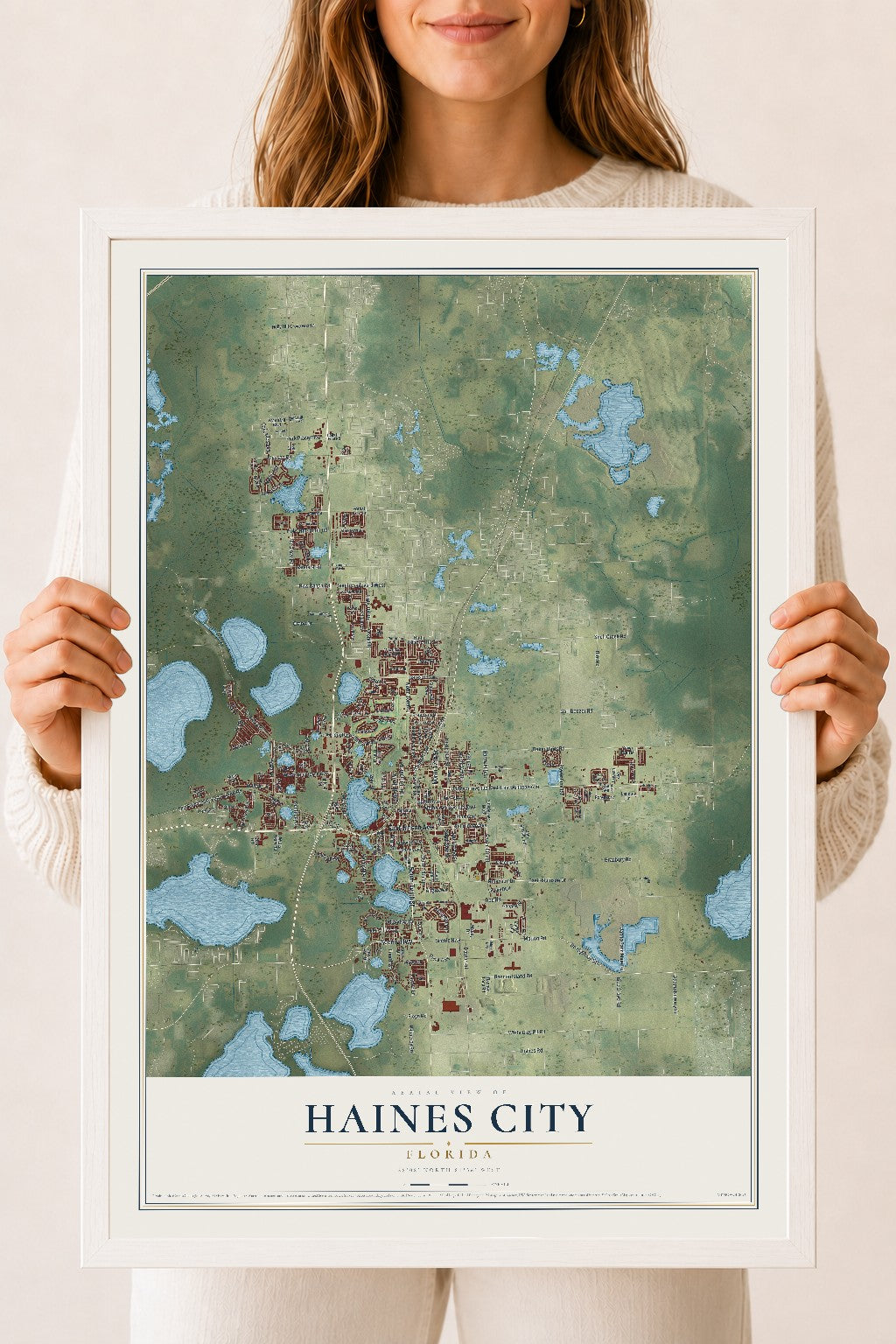 Haines City, Florida map print, 18" x 24" W/ White Ayous Wood Frame mockup