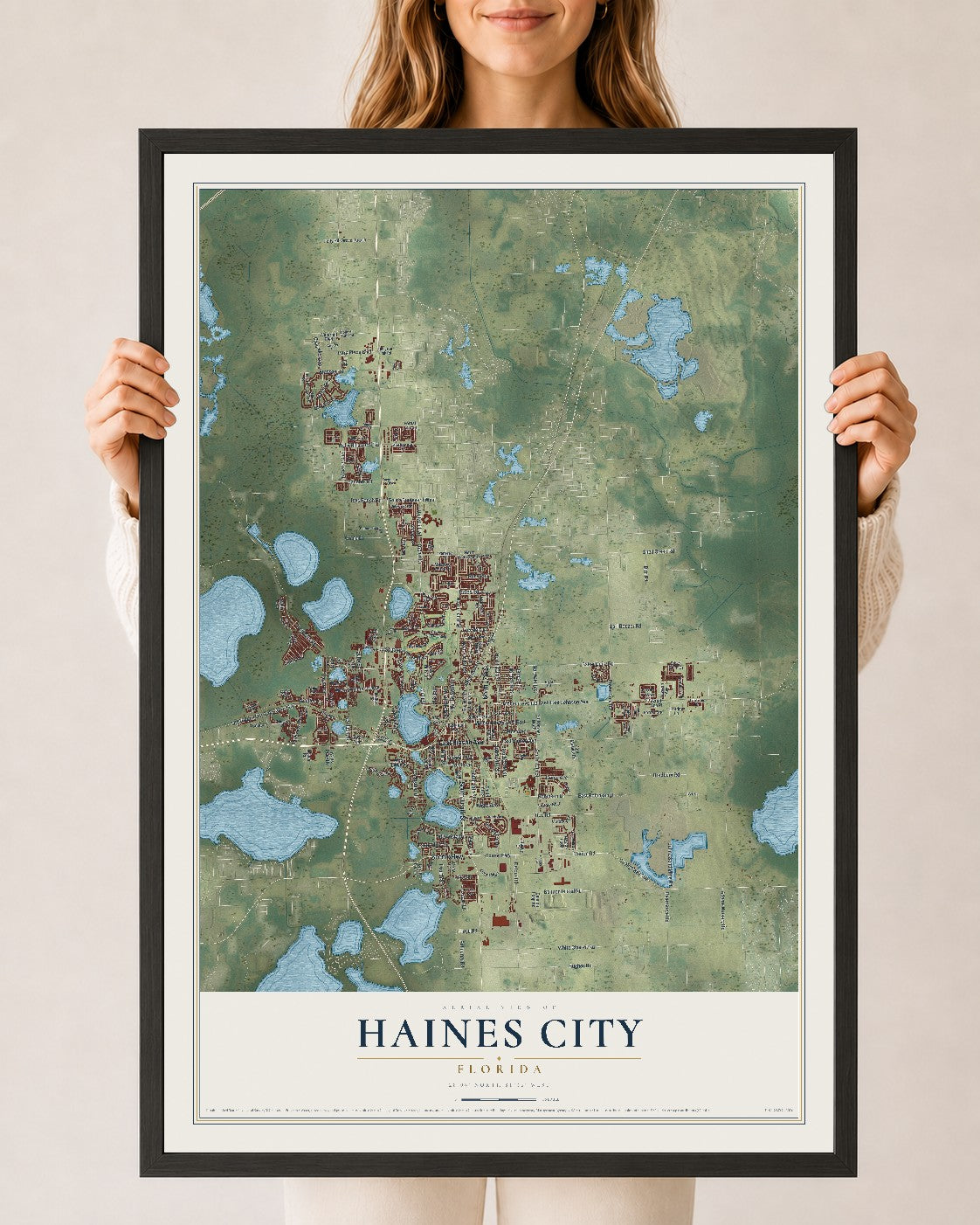 Haines City, Florida map print, 24" x 36" W/ Black Ayous Wood Frame mockup