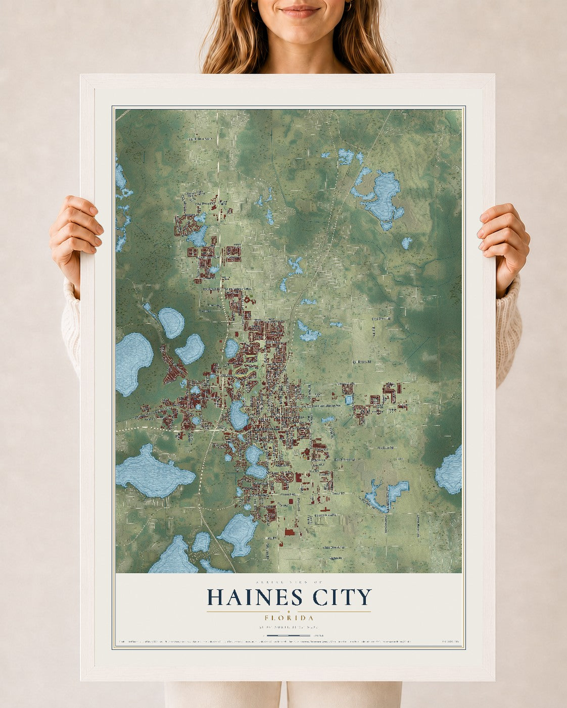 Haines City, Florida map print, 24" x 36" W/ White Ayous Wood Frame mockup