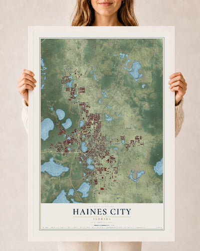 Haines City, Florida map print, 24" x 36" W/ White Ayous Wood Frame mockup