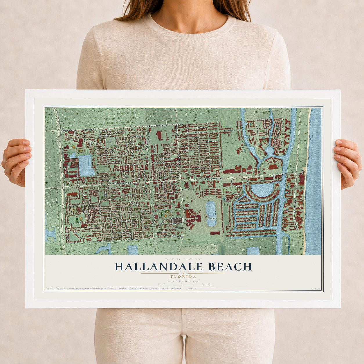 Hallandale Beach, Florida map print, 12" x 18" W/ White Ayous Wood Frame mockup