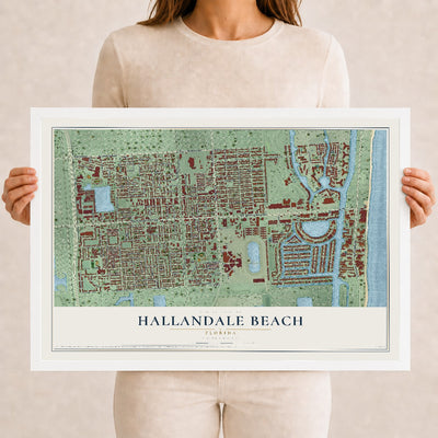Hallandale Beach, Florida map print, 12" x 18" W/ White Ayous Wood Frame mockup