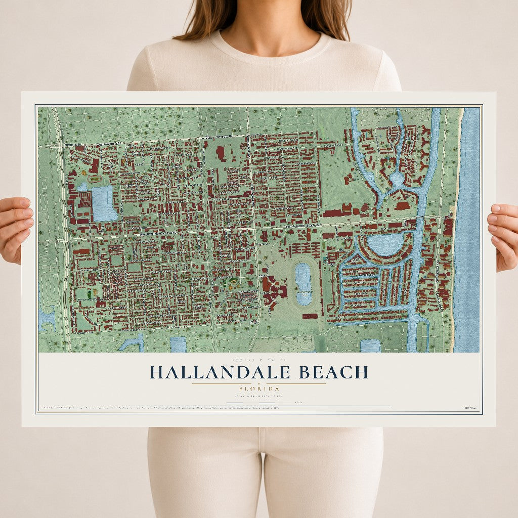 Hallandale Beach, Florida map print, 18" x 24" Archival Matte Print mockup