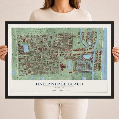 Hallandale Beach, Florida map print, 18" x 24" W/ Black Ayous Wood Frame mockup