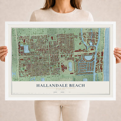 Hallandale Beach, Florida map print, 18" x 24" W/ White Ayous Wood Frame mockup