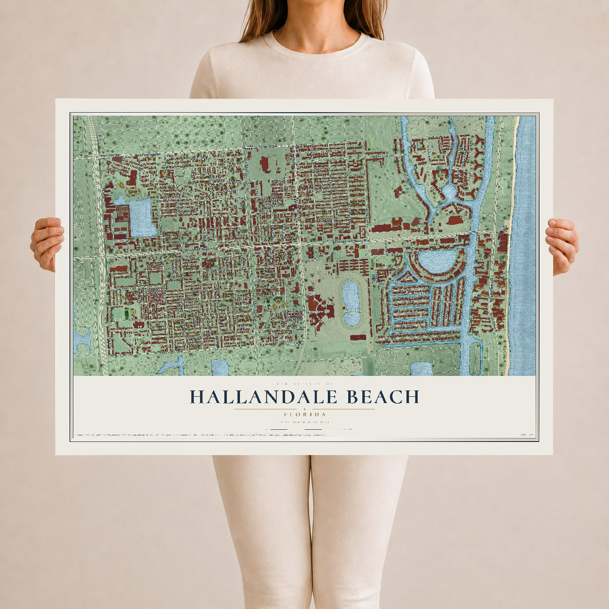 Hallandale Beach, Florida map print, 24" x 36" Archival Matte Print mockup