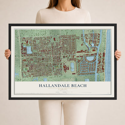 Hallandale Beach, Florida map print, 24" x 36" W/ Black Ayous Wood Frame mockup