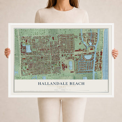Hallandale Beach, Florida map print, 24" x 36" W/ White Ayous Wood Frame mockup