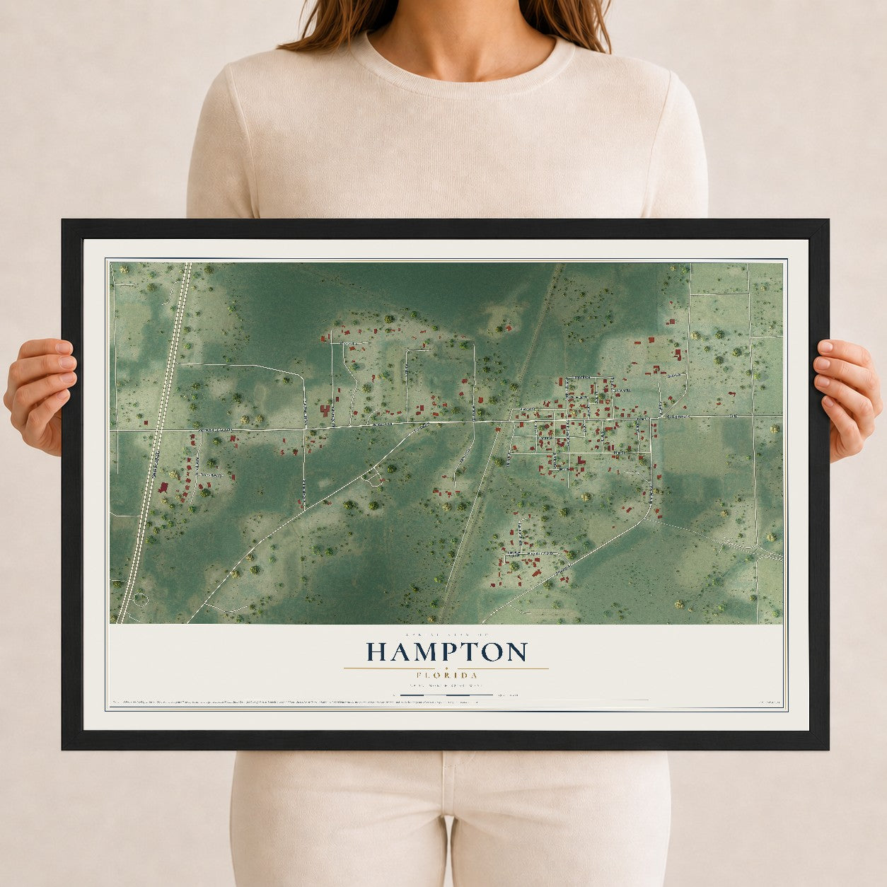 Hampton, Florida map print, 12" x 18" W/ Black Ayous Wood Frame mockup