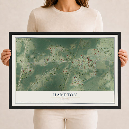 Map of Hampton, Florida, 12 x 18 inch print in a black wood frame