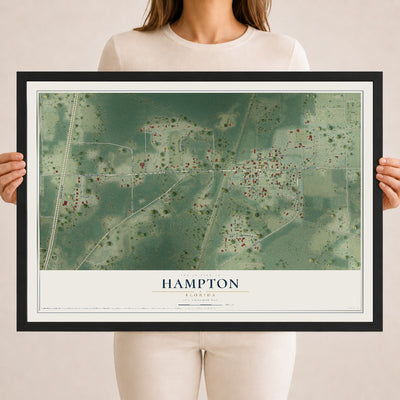 Hampton, Florida map print, 18" x 24" W/ Black Ayous Wood Frame mockup