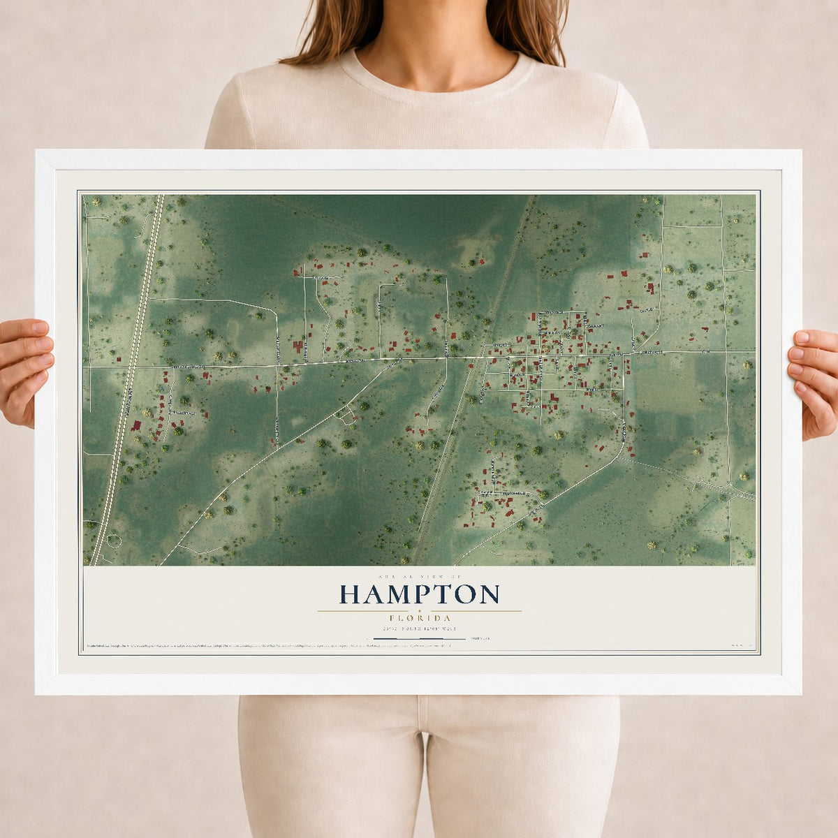 Hampton, Florida map print, 18" x 24" W/ White Ayous Wood Frame mockup