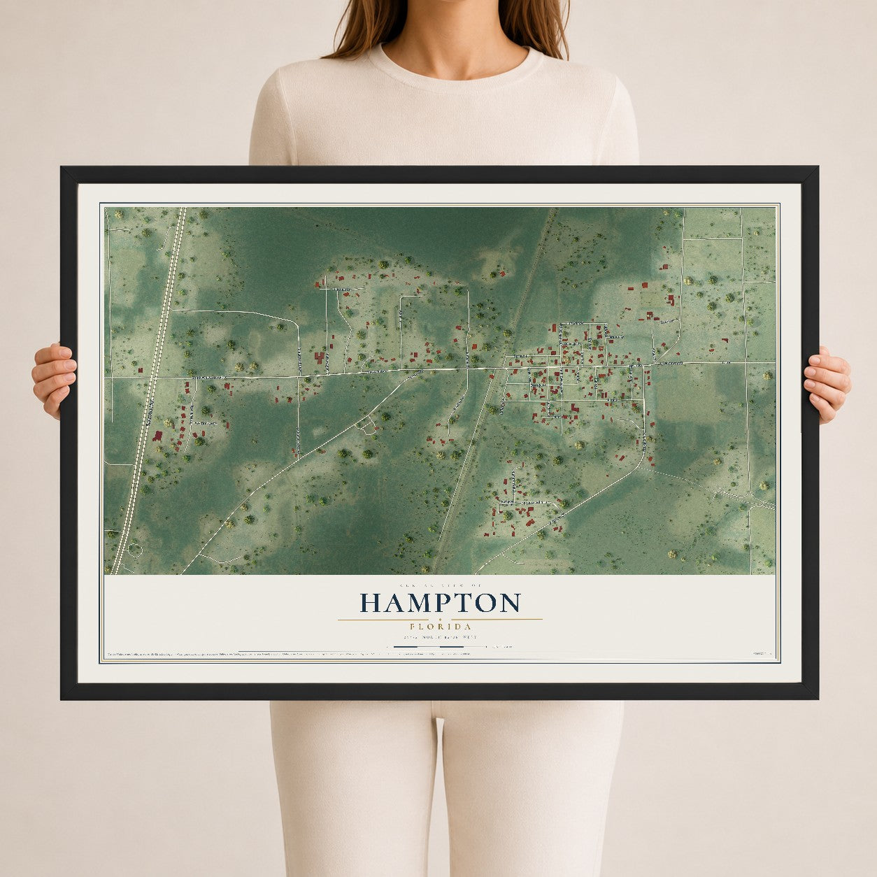 Hampton, Florida map print, 24" x 36" W/ Black Ayous Wood Frame mockup