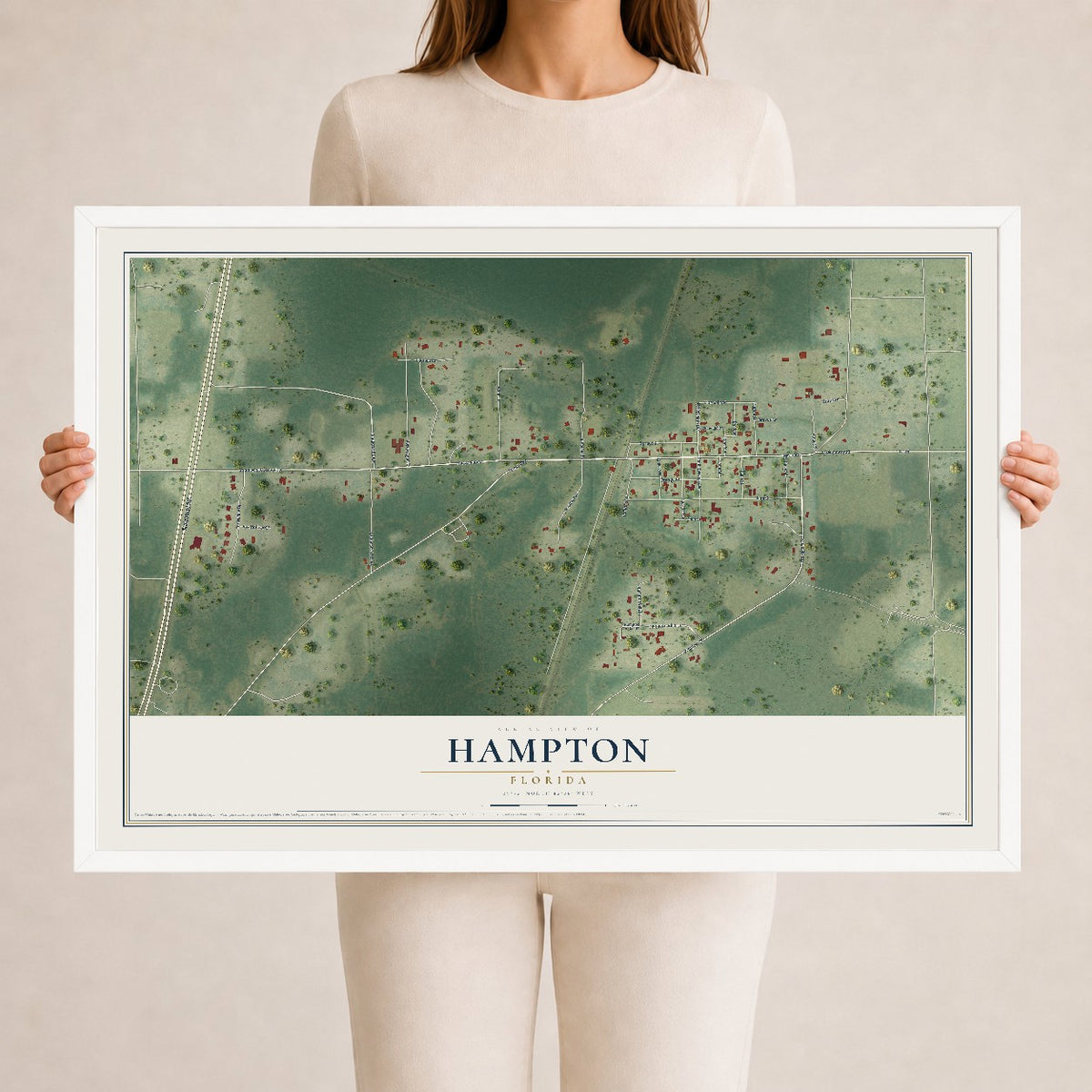 Hampton, Florida map print, 24" x 36" W/ White Ayous Wood Frame mockup