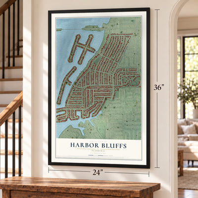Harbor Bluffs, Florida map, 24 x 36 inch print in a black frame by a staircase
