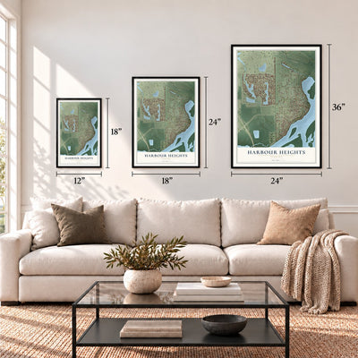 Harbour Heights, Florida map in 12 x 18, 18 x 24 and 24 x 36 inch sizes above a sofa