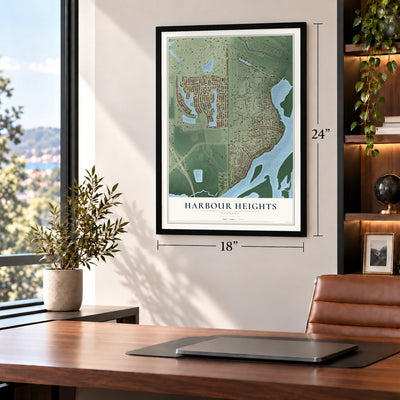 Harbour Heights, Florida map, 18 x 24 inch print in a black frame in a home office
