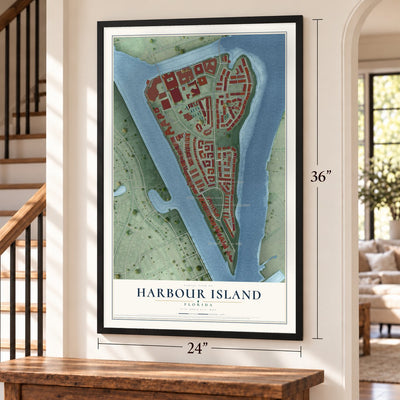 Harbour Island, Florida map, 24 x 36 inch print in a black frame by a staircase