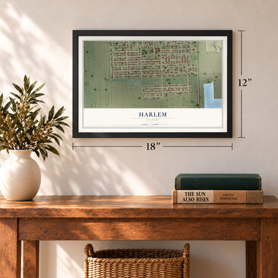 Harlem, Florida map, 12 x 18 inch print in a black frame in an entryway