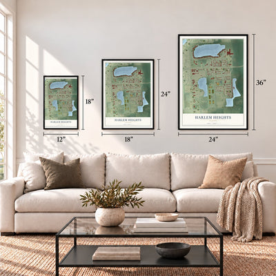 Harlem Heights, Florida map in 12 x 18, 18 x 24 and 24 x 36 inch sizes above a sofa