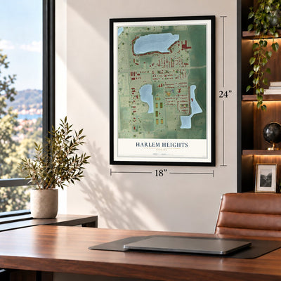 Harlem Heights, Florida map, 18 x 24 inch print in a black frame in a home office