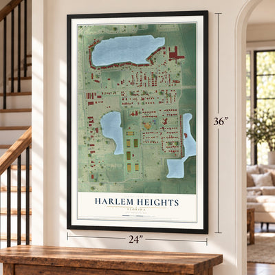 Harlem Heights, Florida map, 24 x 36 inch print in a black frame by a staircase