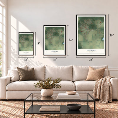 Hastings, Florida map in 12 x 18, 18 x 24 and 24 x 36 inch sizes above a sofa