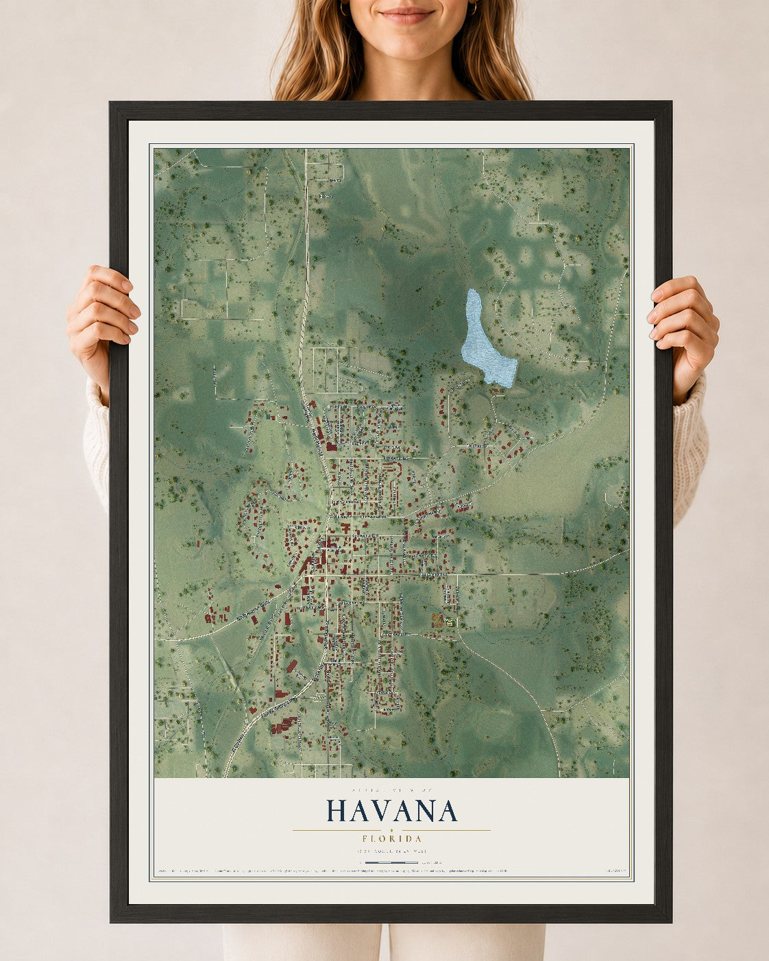 Havana, Florida map print, 24" x 36" W/ Black Ayous Wood Frame mockup