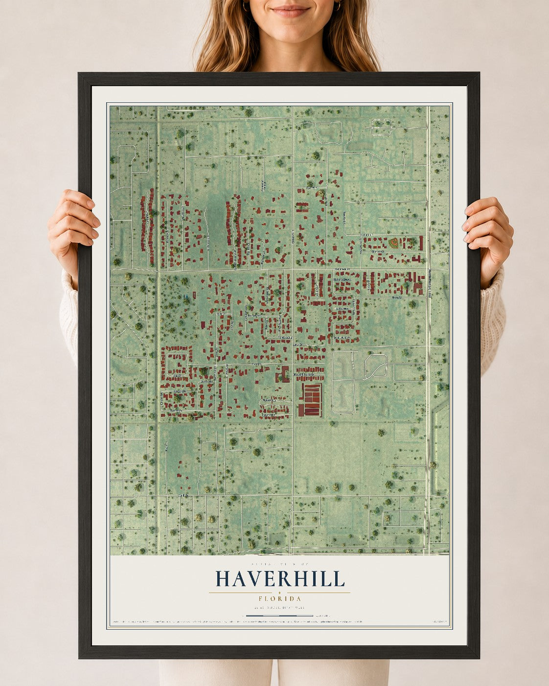 Haverhill, Florida map print, 24" x 36" W/ Black Ayous Wood Frame mockup