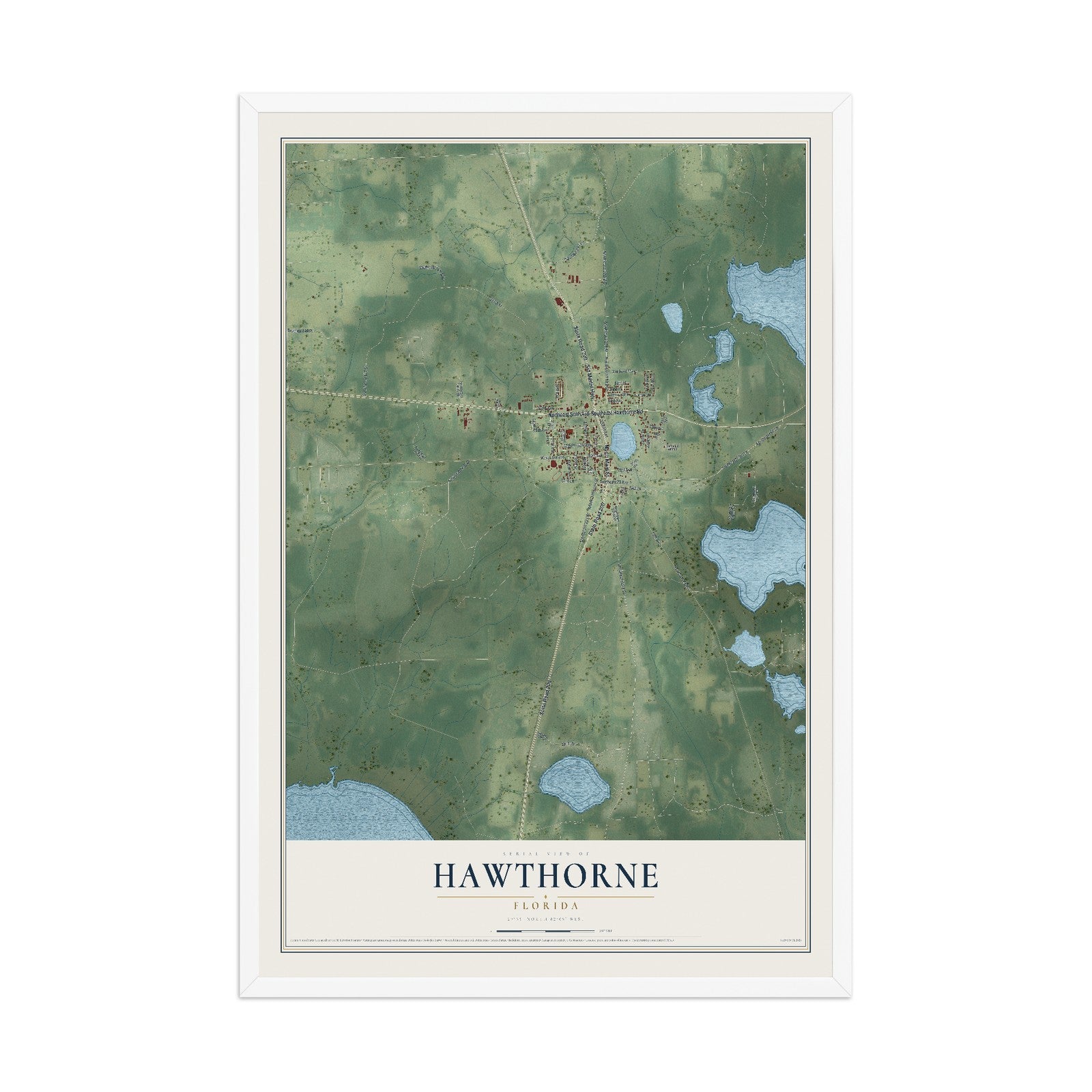 Hawthorne, Florida map print, 12" x 18" W/ White Ayous Wood Frame mockup