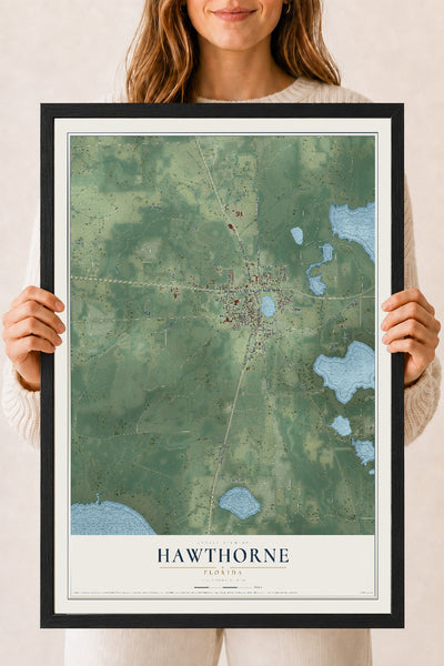 Hawthorne, Florida map print, 18" x 24" W/ Black Ayous Wood Frame mockup